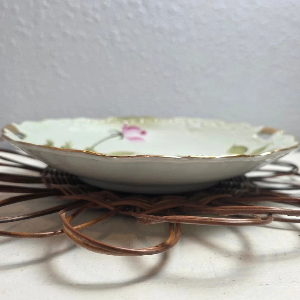 Antique Lefton Hand Painted Pink Rose Porcelain Cake Plate Gold Gilt Scallop Rim